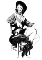 Pen and ink drawing of a cowgirl sitting on a stool
